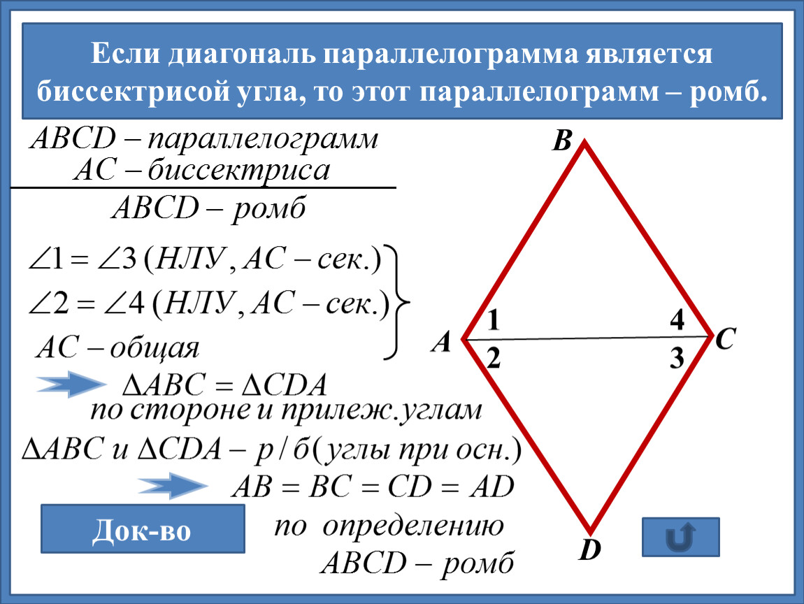 Свойства диагоналей ромба доказательство. Ромб для презентации. Если диагонали параллелограмма является биссектрисой. Диагонали параллелограмма биссектрисы. Диагональ ромба биссектриса.