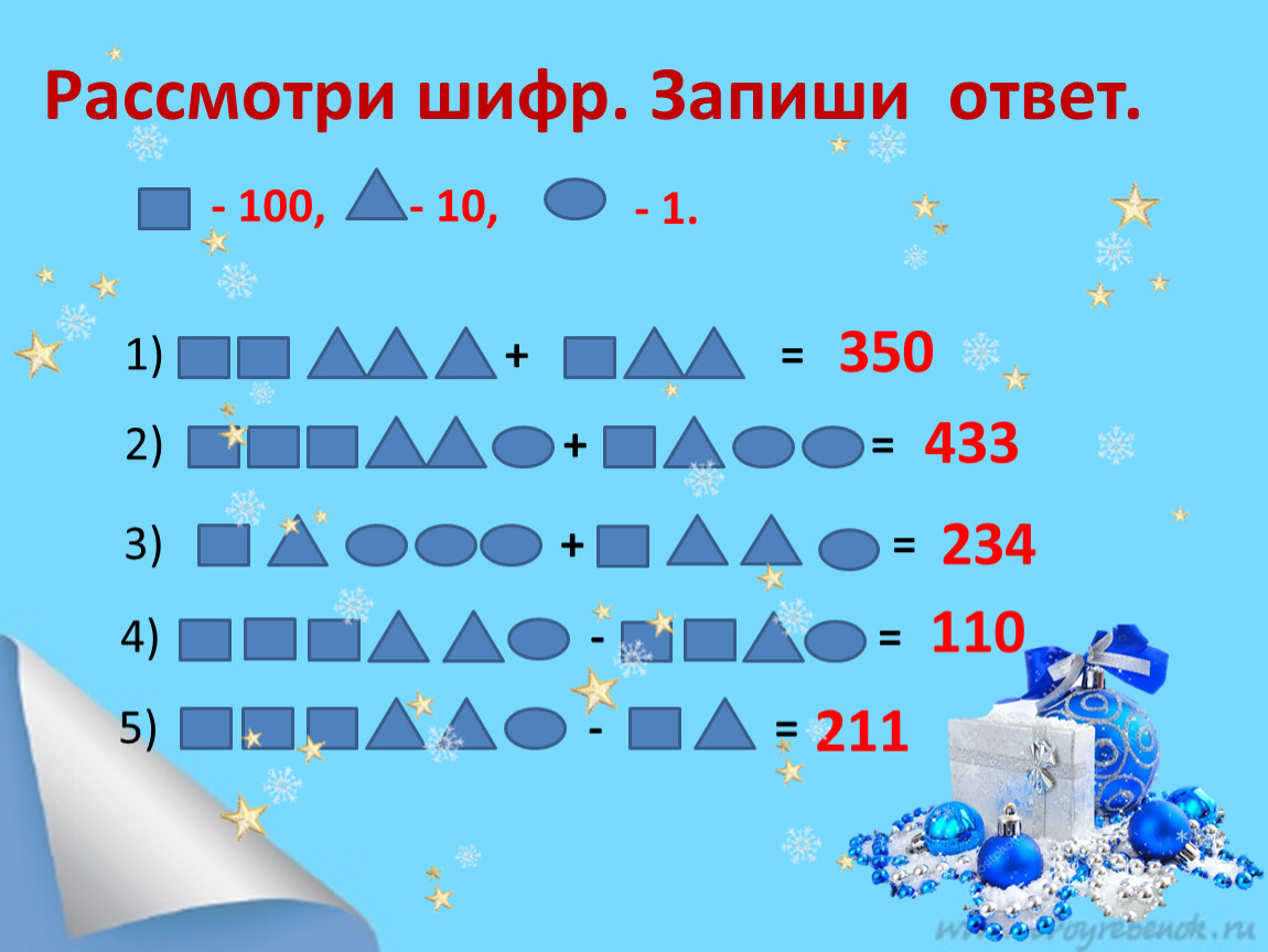 Рассмотри шифр. Запиши ответ. - 100, - 10, - 1