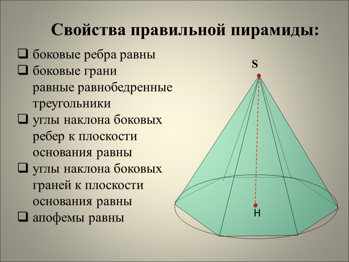 Какой угол у пирамиды. Основные свойства правильной пирамиды. Пирамида геометрия 10 класс. У правильной пирамиды боковые ребра боковые грани. Свойства правильной пирамиды геометрия 10 класс.