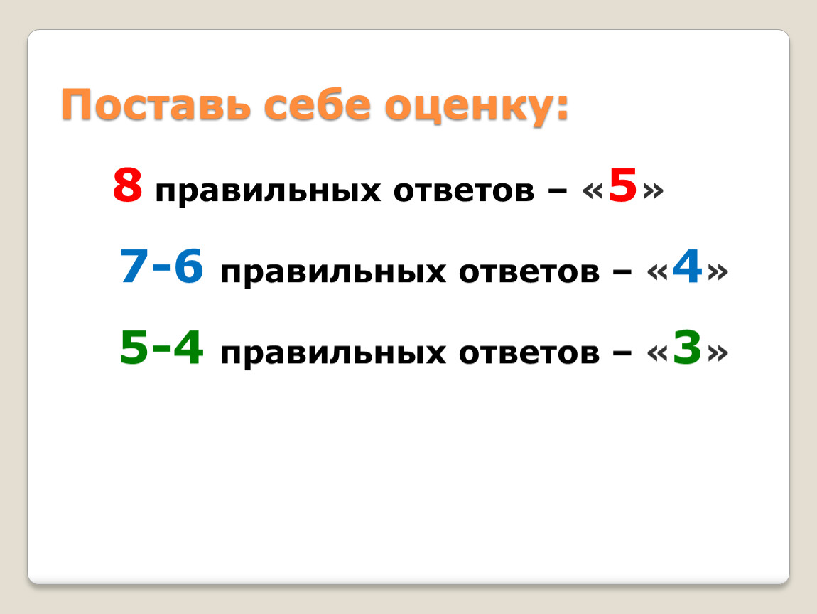 6 правильно. 8 Правильных. Поставь себе оценку. Презентация поставь себе оценку. Правильный ответ 8.