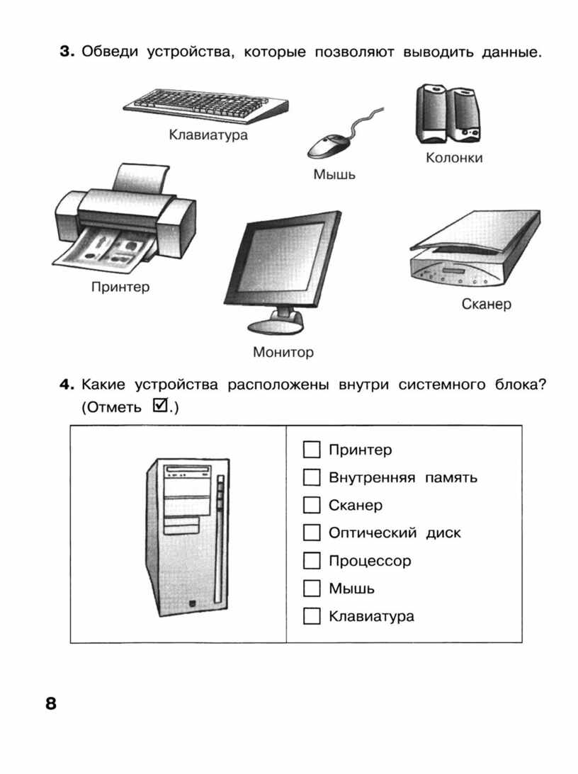 Клавиатура сканер принтер. Обведи устройства которые позволяют выводить данные. Обведи устройства без которых на компьютере нельзя работать. Ввод и вывод информации на компьютере. Устройство вывода информации монитор принтер колонки.