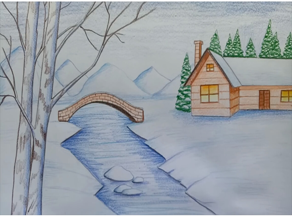 Зимние картинки легко. Зимний пейзаж рисунок. Зимний пейзаж карандашом. Зимний пейзаж карандашом легкий для срисовки. Рисунок на зимнюю тему.