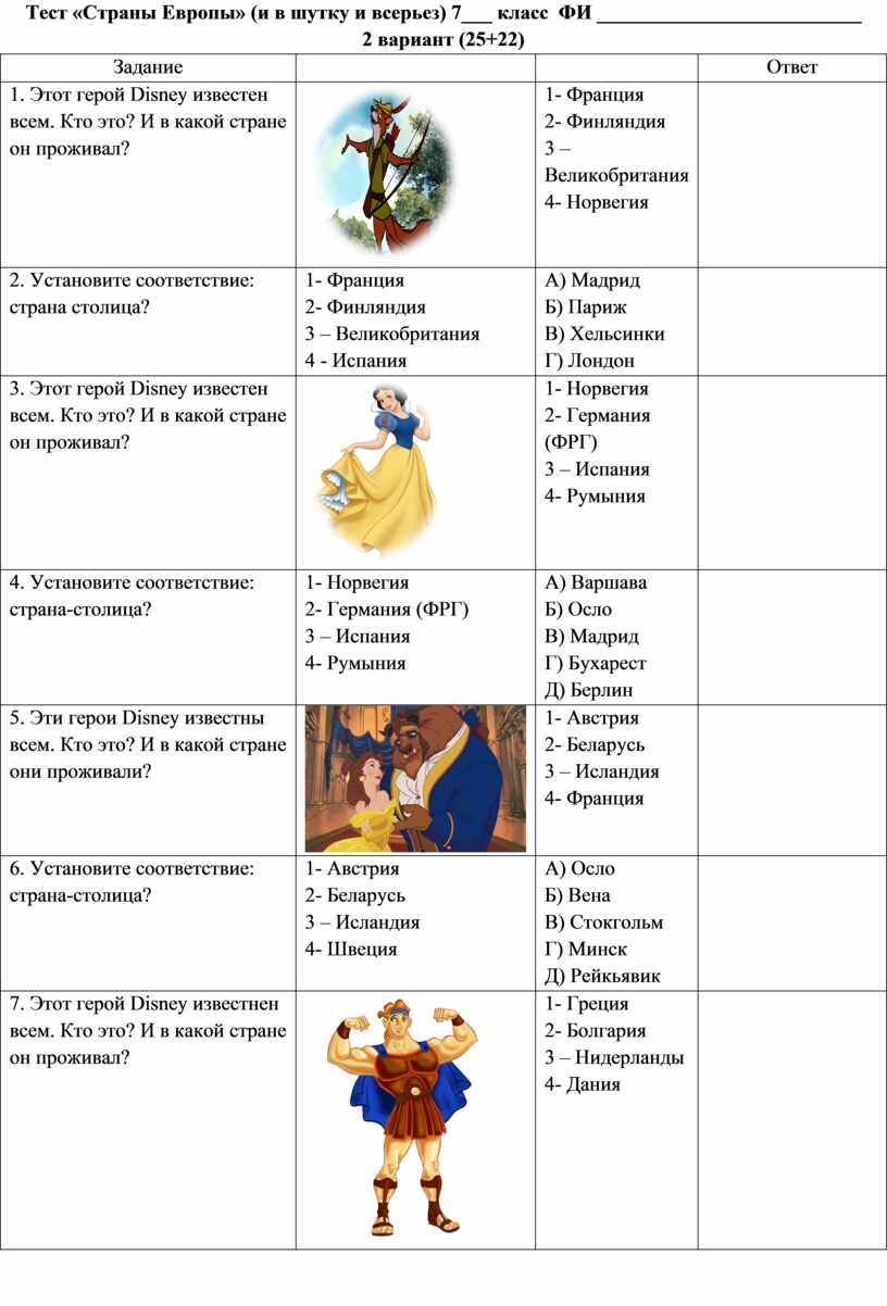 Тест «Страны Европы» ( и в шутку и всерьез) 7 класс