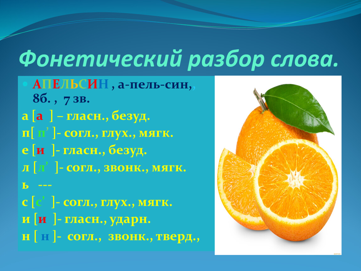 Мандарин разбор. Апельсин фонетический разбор. Слово апельсин. Апельсин звуковой анализ. Фонетический разбор слова лимон.