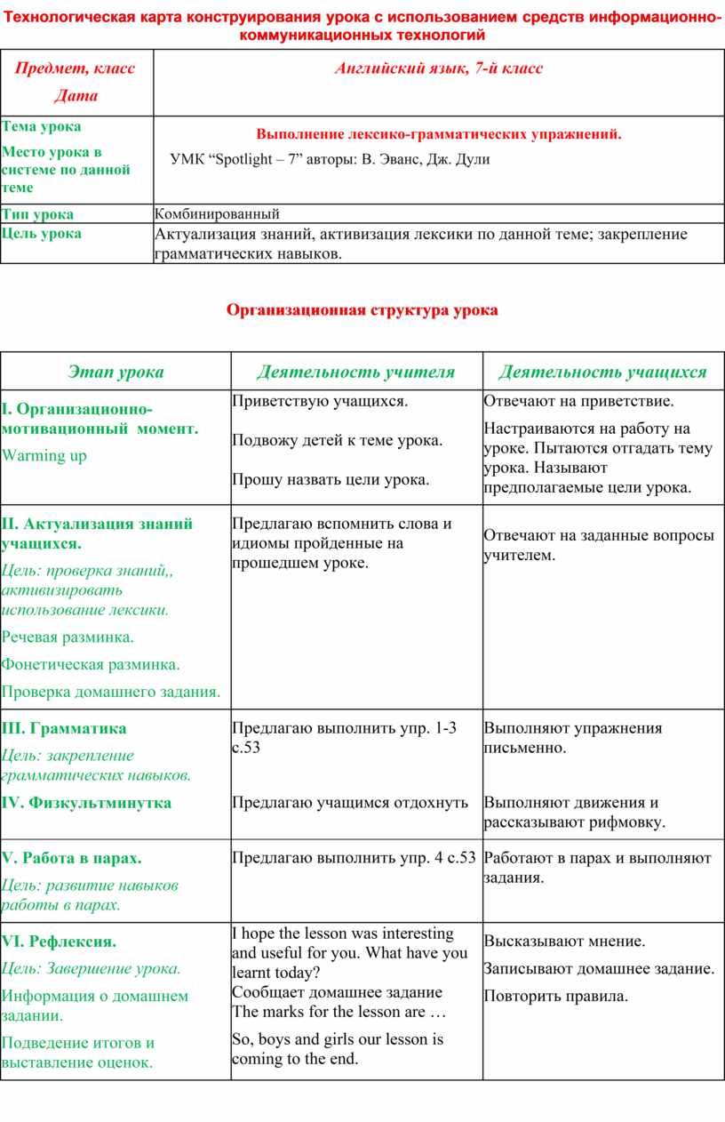 Технологическая карта конструирования урока