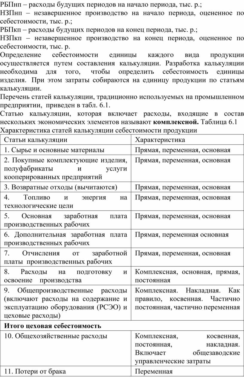 Группировка затрат по статьям калькуляции