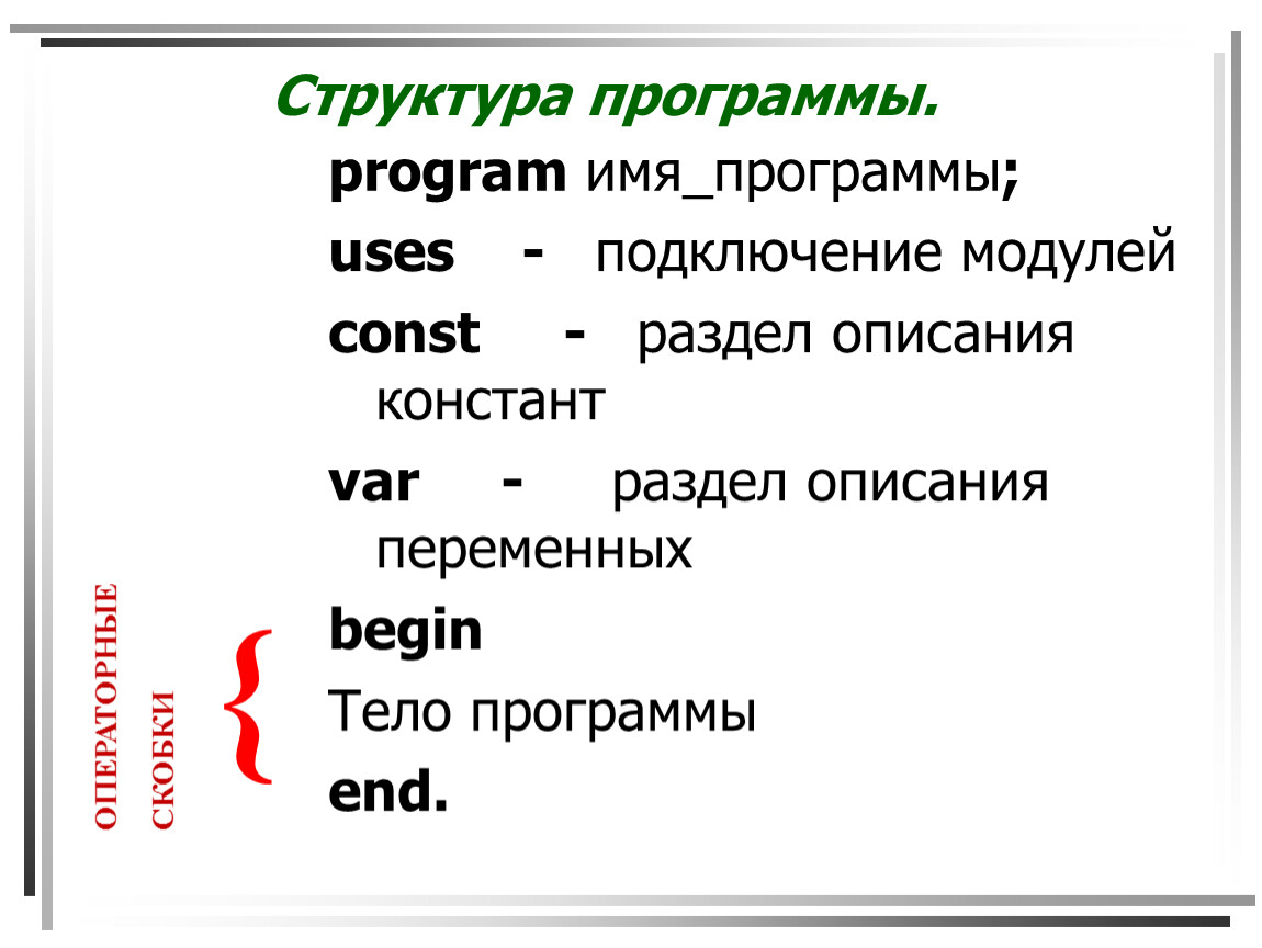 Приложение имя. Тело программы на Pascal. Структура программы подключение модулей. Раздел описания модулей. Структура программы операторы вывода.