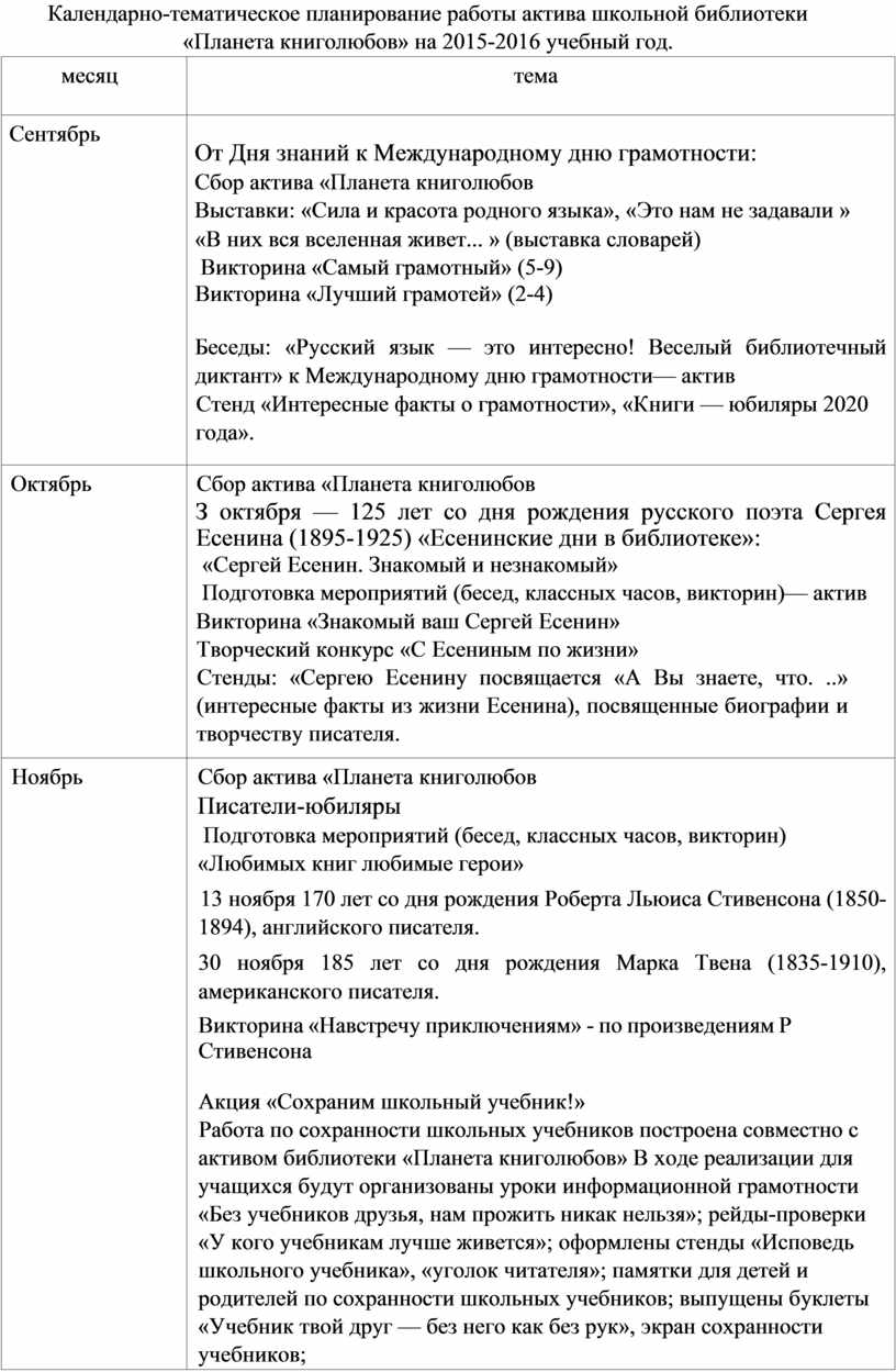 План работы актива библиотеки «Планета книголюбов»