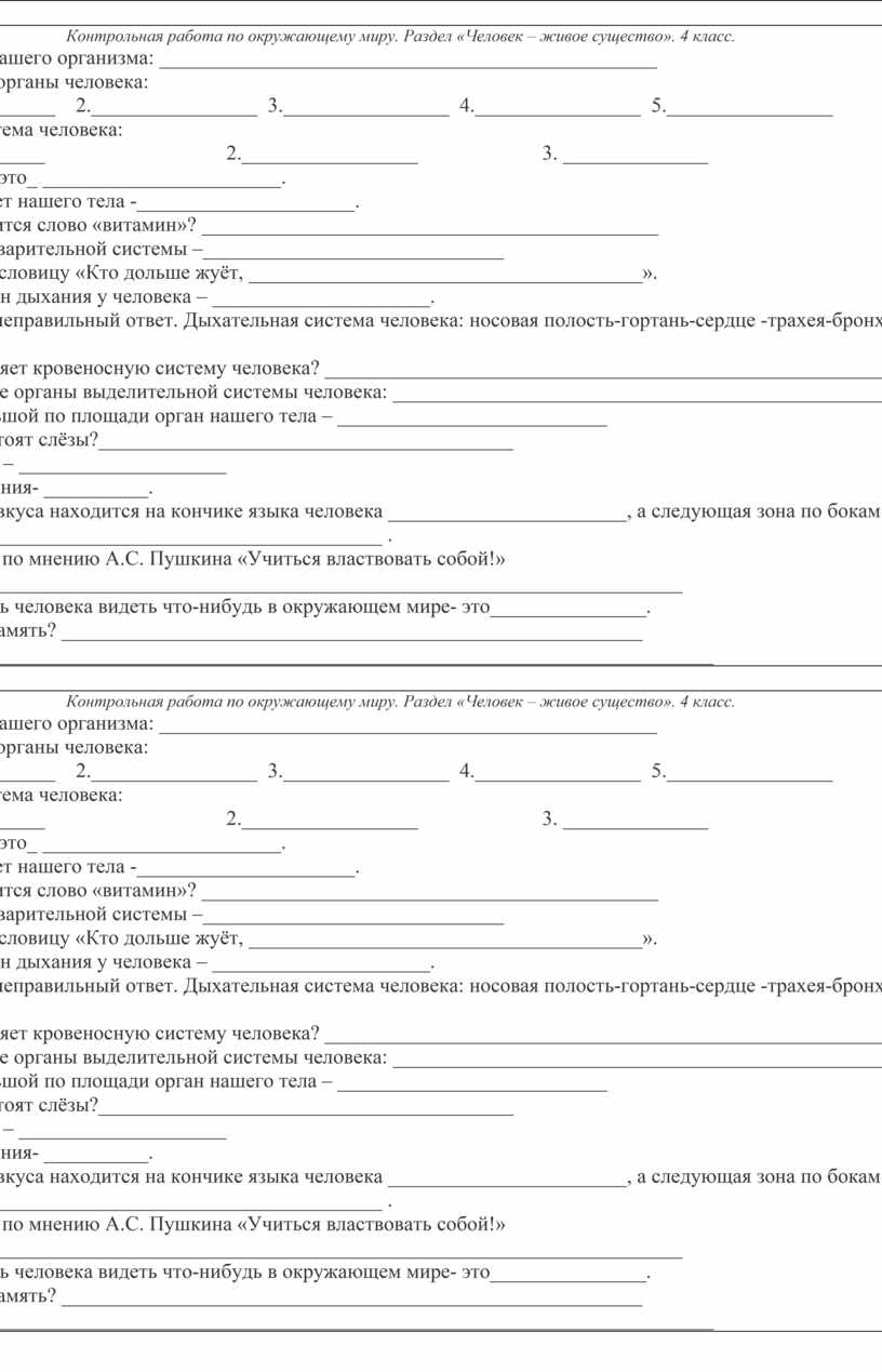 Проверочная работа по окружающему миру. 4 класс. Школа 21 века.