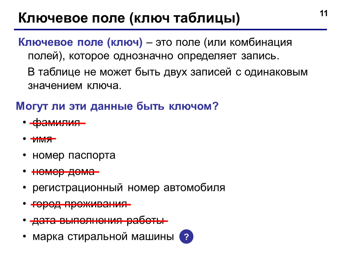 Определяет запись. Ключевое поле (ключ таблицы ). Ключевое поле в базе данных это. Ключевое поле базы данных это. Ключевое поле в таблице БД.