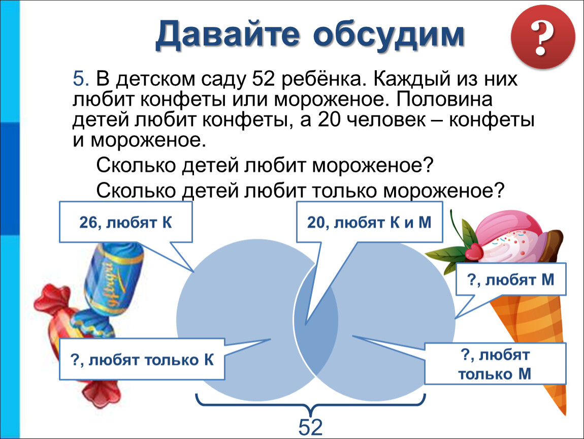 Из них. В детском саду 52 ребенка каждый из них любит конфеты или мороженое. В детском саду 52 ребенка каждый из них любит пирожное или мороженое. В детском саду 52 ребенка каждый из них любит. Люблю конфеты.