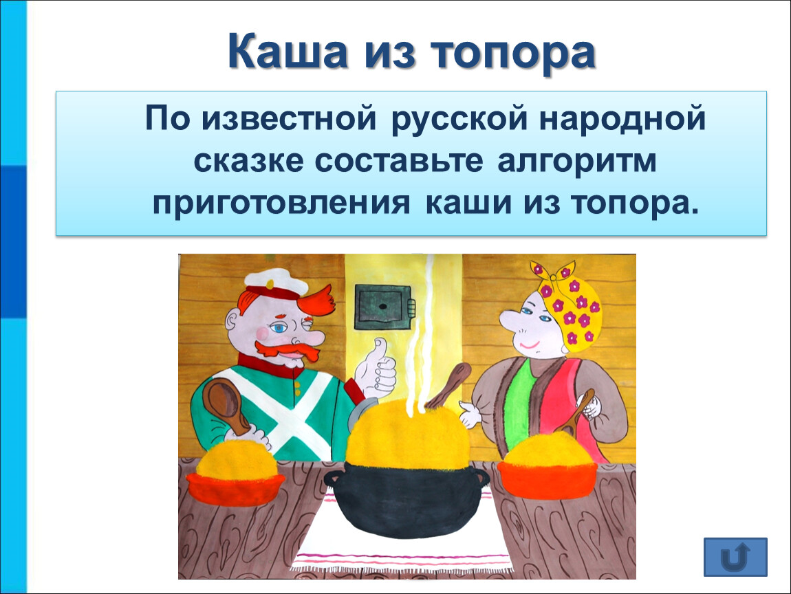 Оформить в виде блок схемы алгоритм приготовления каши из топора по мотивам русской народной сказки