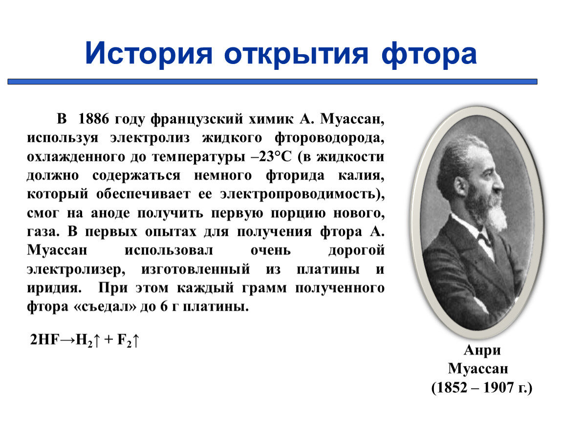 Году был открыт 2. Муассан Химик. Анри Муассан открытие фтора. История открытия галогенов фтора. Фтор история открытия элемента.