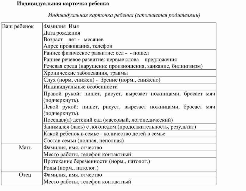 Образец индивидуальной карты развития ребенка в детском саду образец