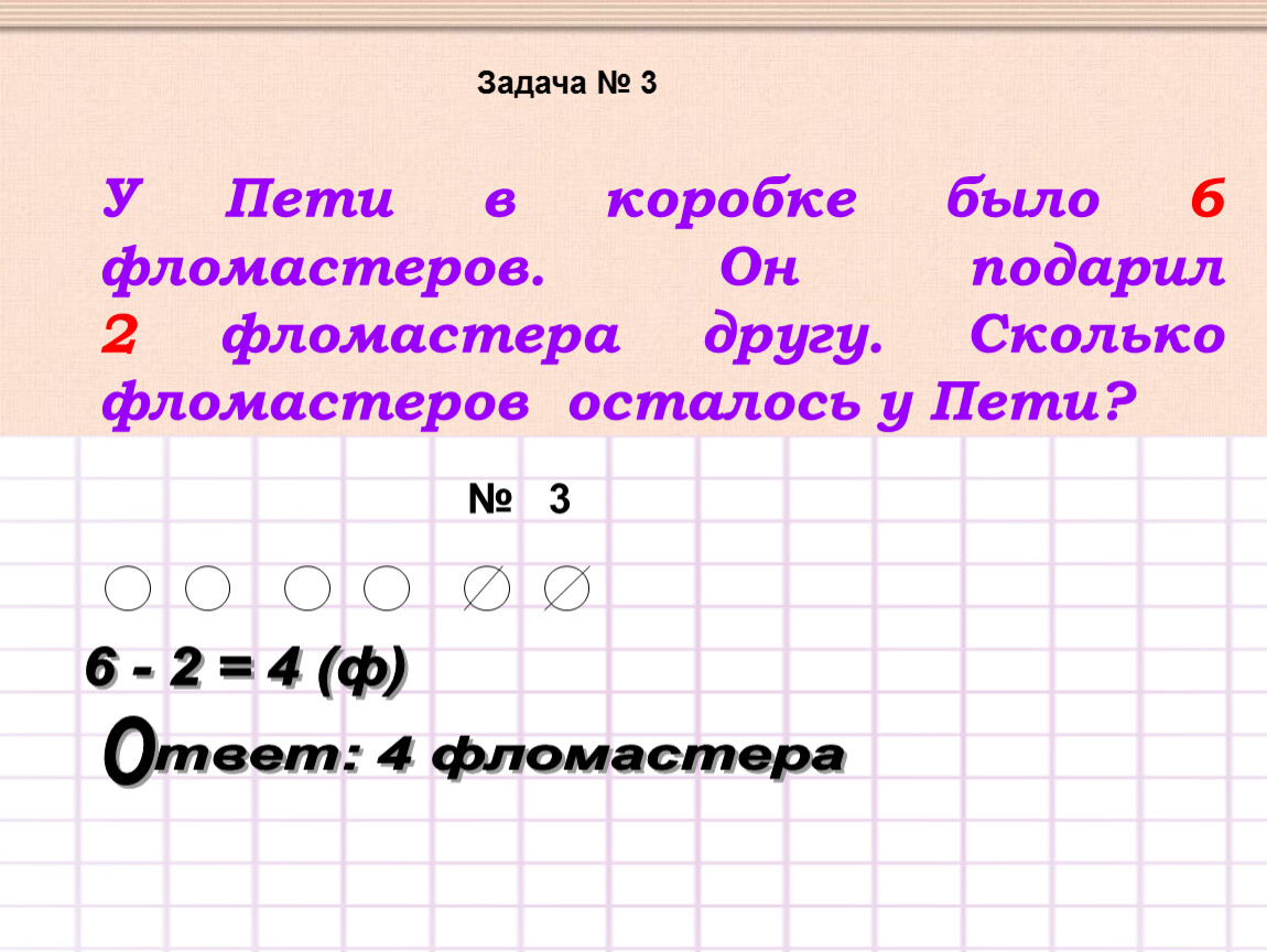 Сколько друг есть. У Пети в коробке было 6 фломастеров. Задача у Пети в коробке было 6 фломастеров. У Пети в коробке было 6 фломастеров он подарил 2 фломастера. У Пети в коробке было 6 фломастеров он подарил 2 фломастера другу схема.