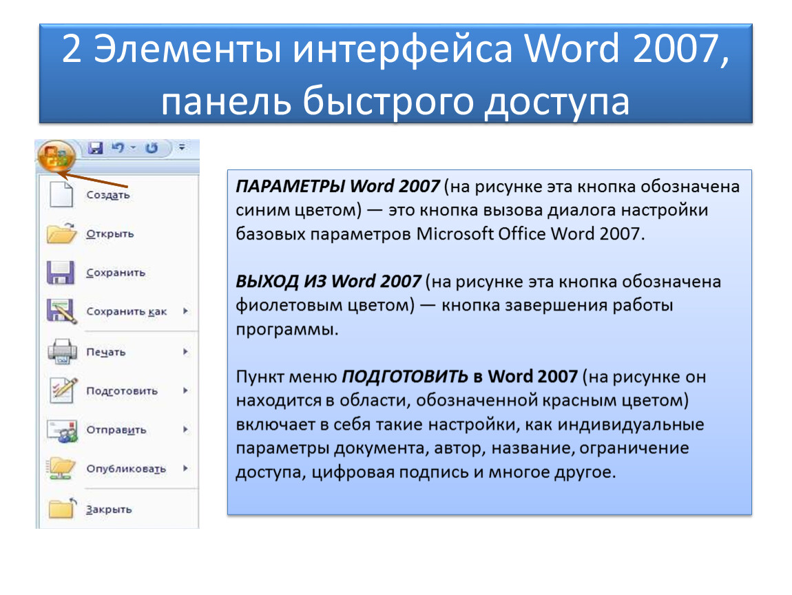 Элементы ворда. Элементы интерфейса ворд. Панель быстрого доступа Word 2007. Параметры Word 2007. Интерфейс ворд 2007.