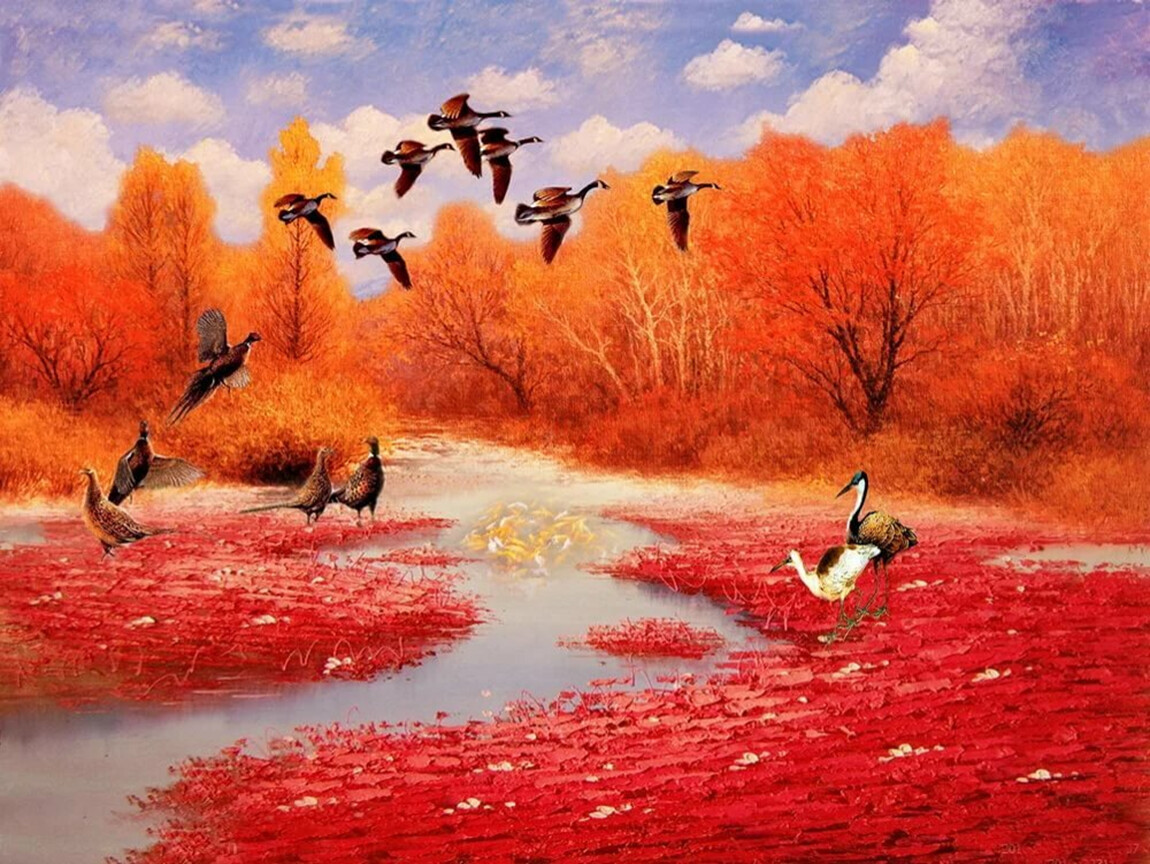 Птицы улетают осенью песня. Осенний пейзаж. Птицы осенью. Пейзаж с птицами. Анимационные пейзажи.