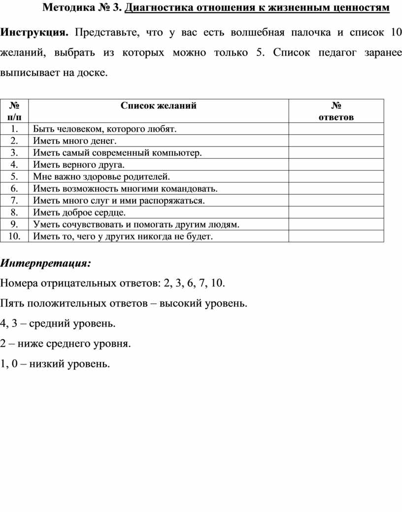 Методика № 3. Диагностика отношения к жизненным ценностям