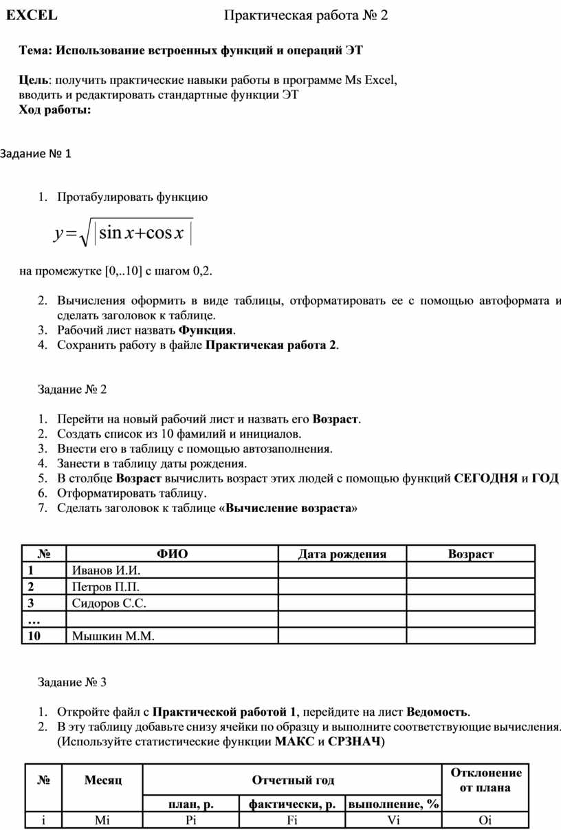 Использование встроенных функций и операций ЭТ