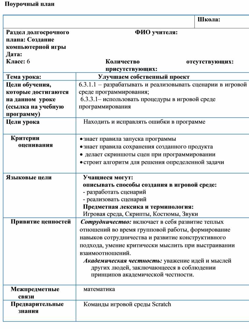 Разработка поурочных планов