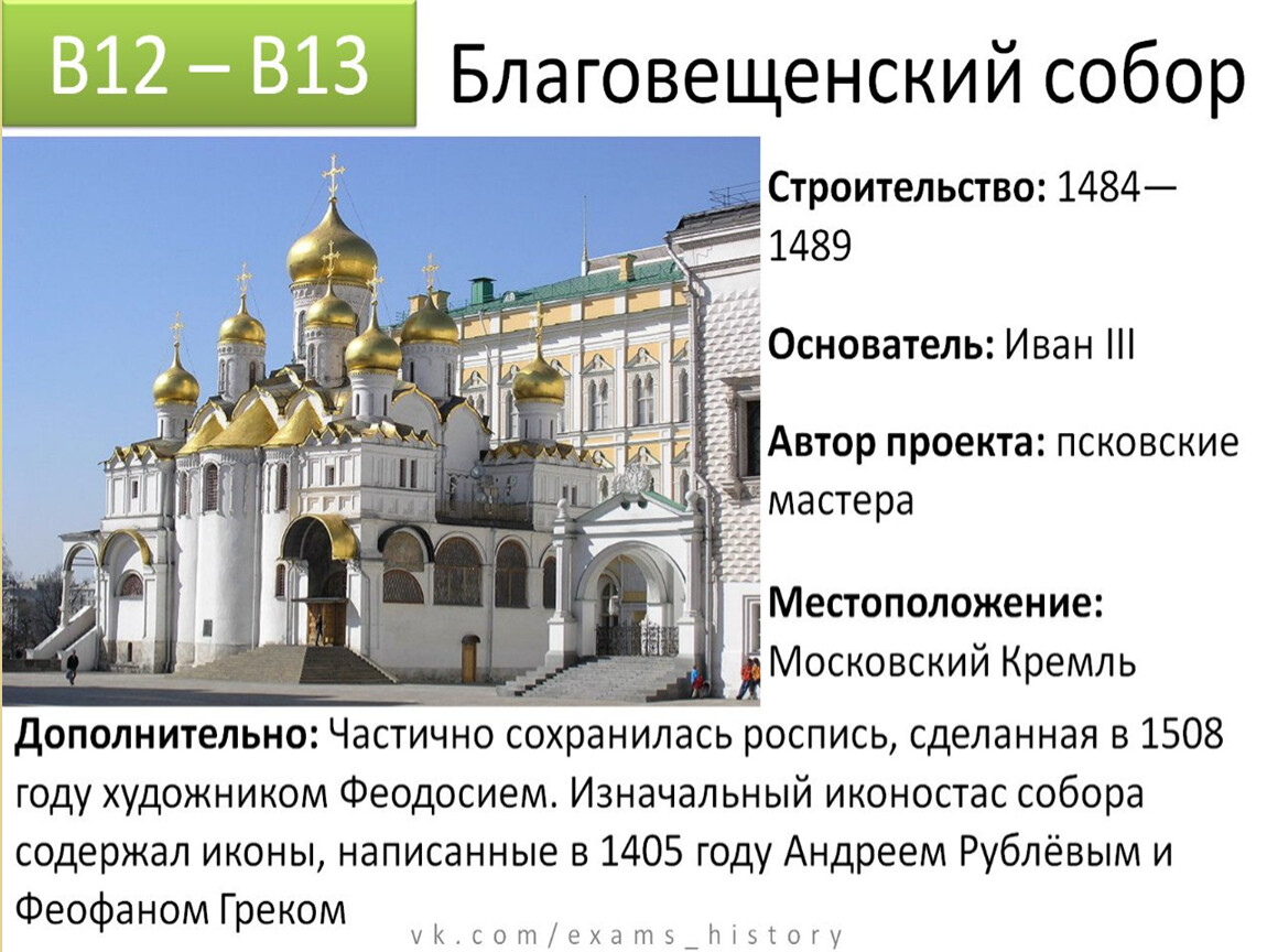 В каком году были построены золотые. Соборы Московского Кремля таблица.