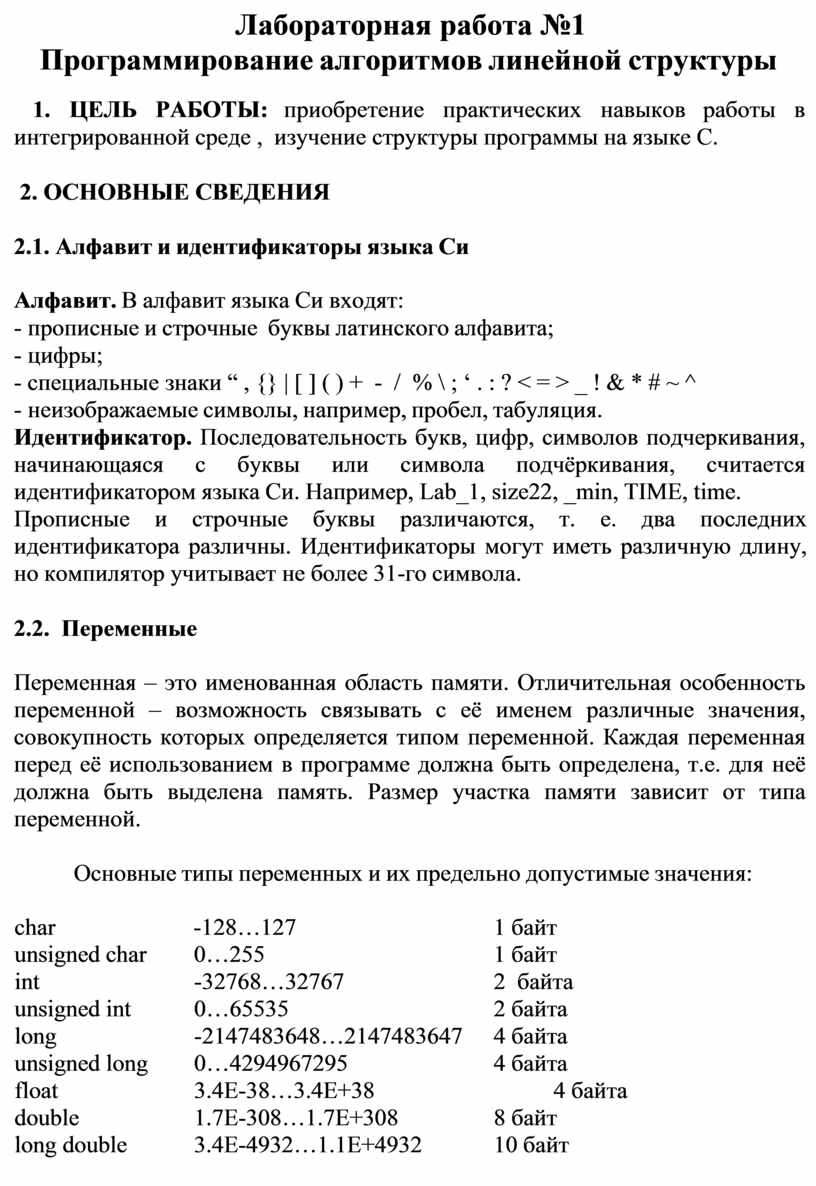 Лабораторная работа №1 Программирование алгоритмов линейной структуры