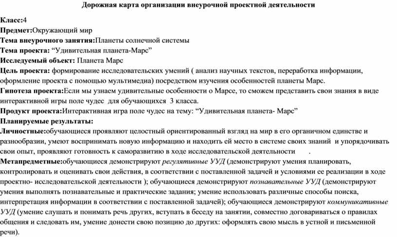 Дорожная карта организации внеурочной проектной деятельности в начальной школе