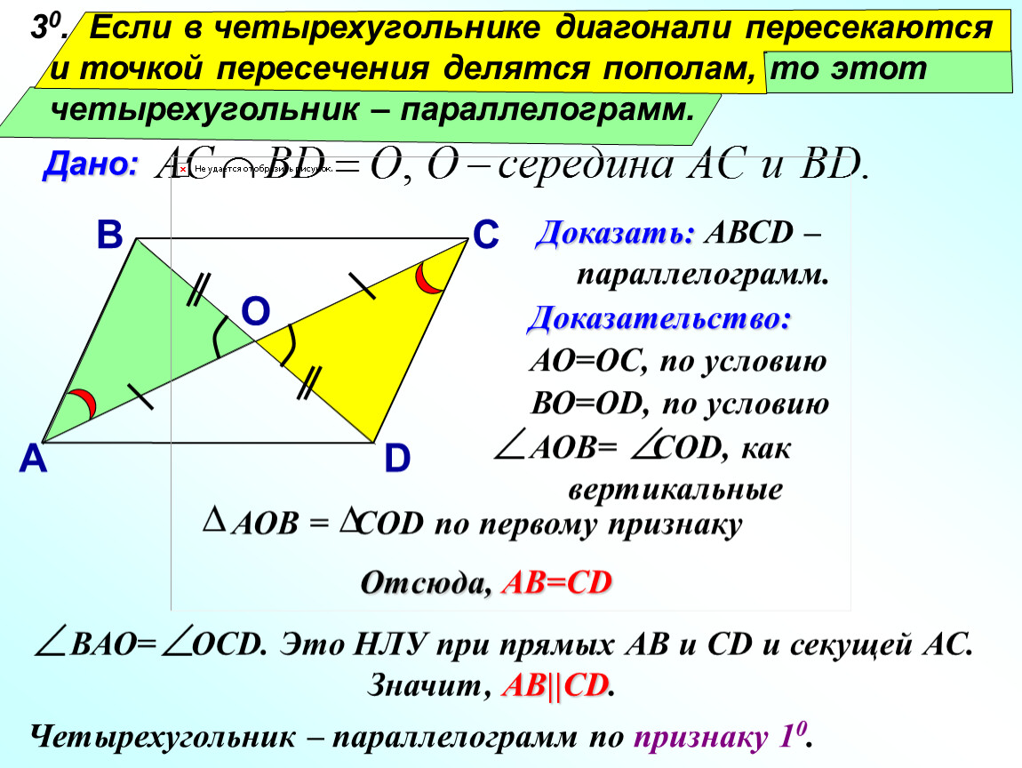 Диагонали пересекаются и точкой пересечения пополам. Доказательство 3 признака параллелограмма. Три признака параллелограмма с доказательством. Если в четырехугольнике диагонали пересекаются и точкой пересечения. Доказательство второго признака параллелограмма.