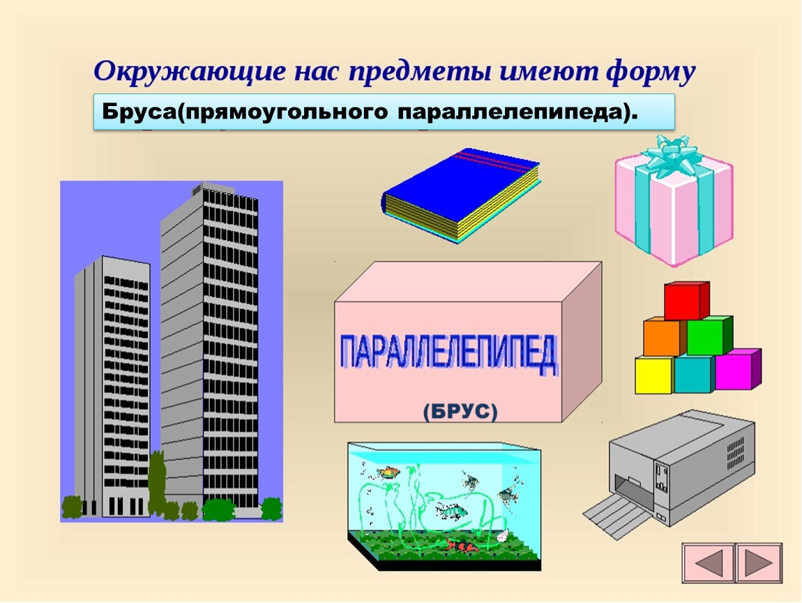 Какие объекты имеют. Прямоугольный параллелепипед в жизни. Предметы формы прямоугольного параллелепипеда. Предметы которые имеют форму параллелепипеда. Параллелепипед в быту.