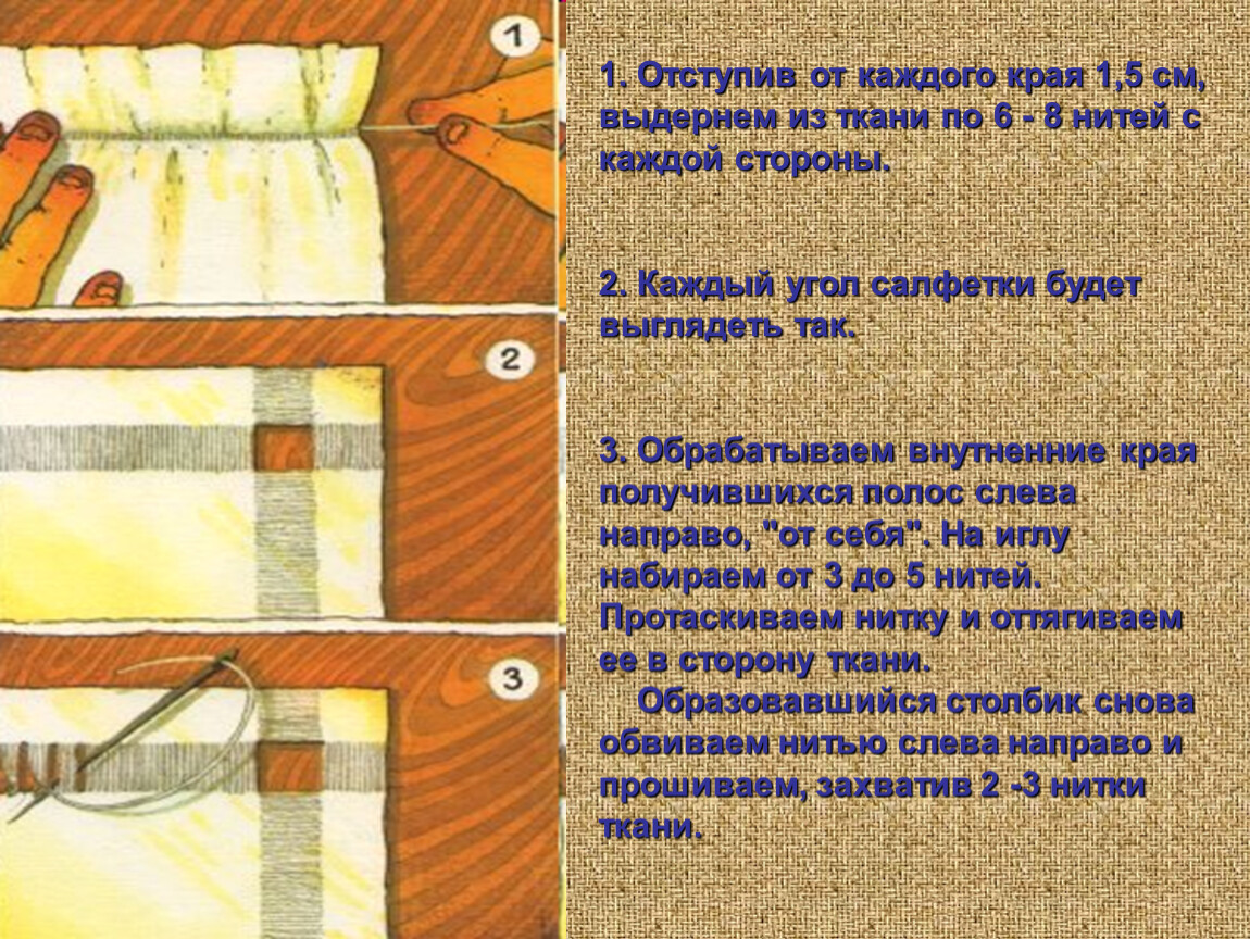 Каждый край. Выдёргивание нитей из ткани с краю. Салфетка обработка края выдергивания нитей. Ткань на технологию нитки выдирать 3 класс. Выдрал нитку сошлась ткань.