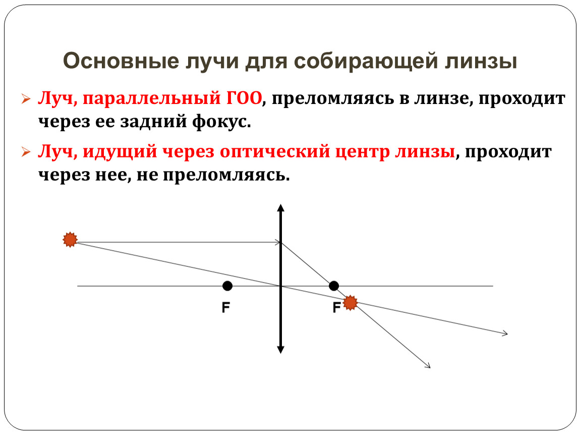 Линзе лучи. Луч идущий через оптический центр линзы называется. Луч идущий через оптический центр линзы не преломляется. Луч проходящий через оптический центр линзы не преломляется. Основные лучи для собирающей линзы.