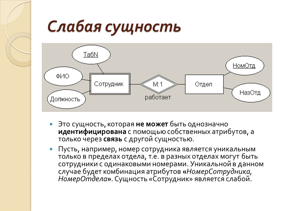 Типы сущностей. Слабая сущность. Слабые сущности в БД. Сильная и слабая сущность БД. Основные понятия er модели.