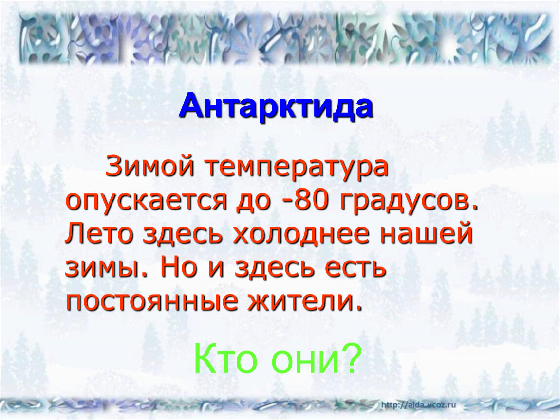 Антарктида Зимой температура опускается до -80 градусов
