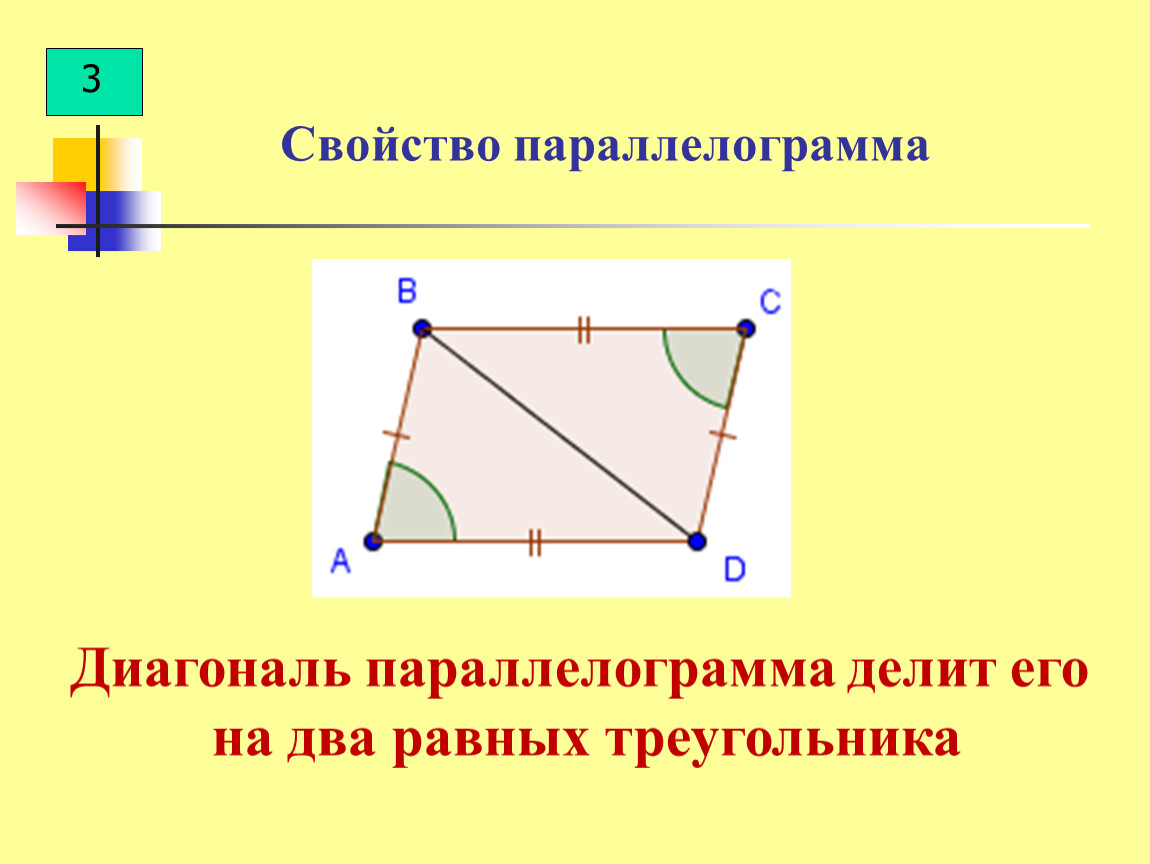Диагонали любого параллелограмма равны. Параллелограмм. Свойства параллелограмма. Диагональ параллелограмма делит его на два равных. Диагональ параллелограмма делит его на два равных треугольника.