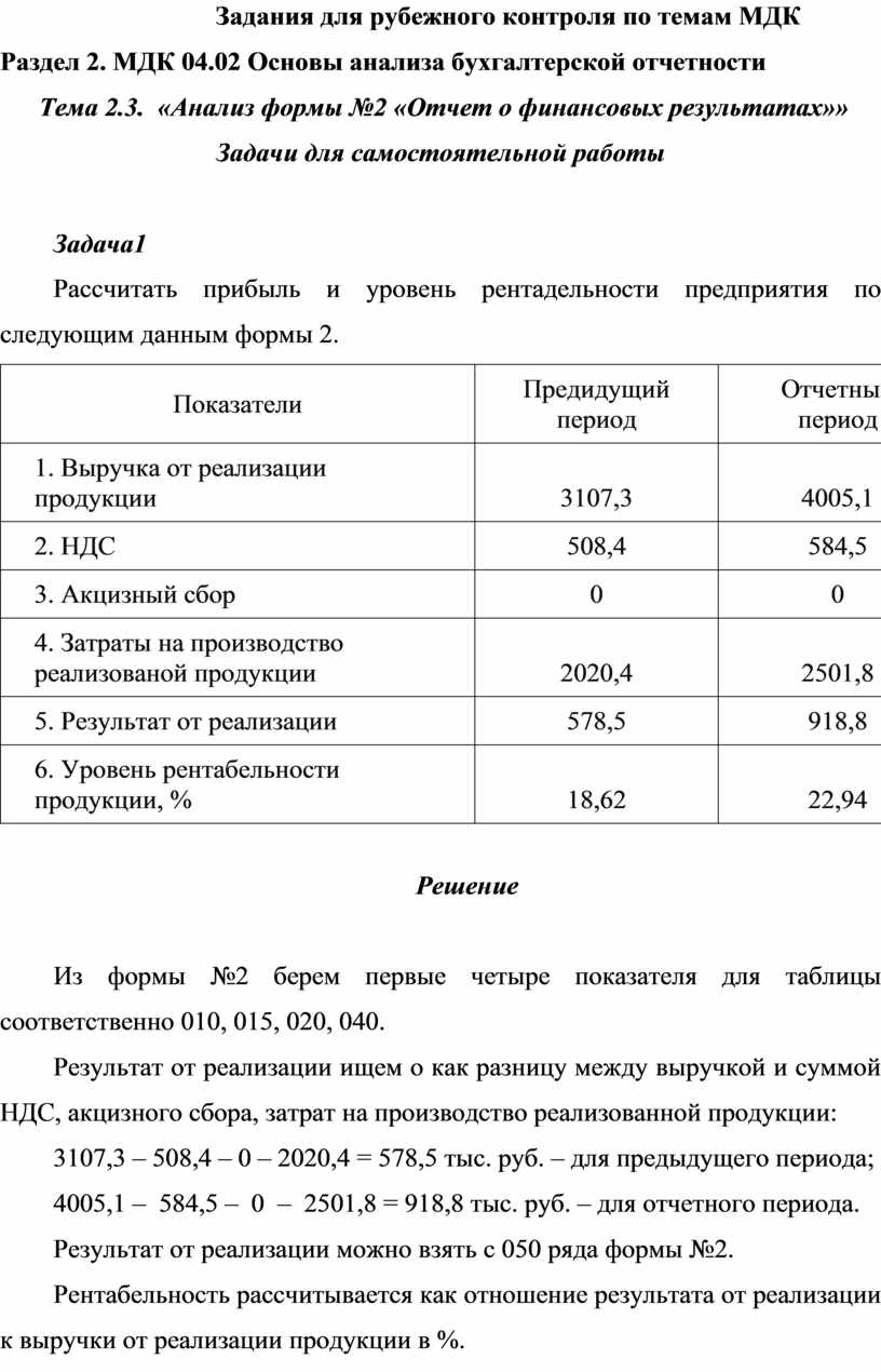 Задания для рубежного контроля по темам МДК Раздел 2. МДК 04.02 Основы  анализа бухгалтерской отчетности Тема 2.3. «Ана