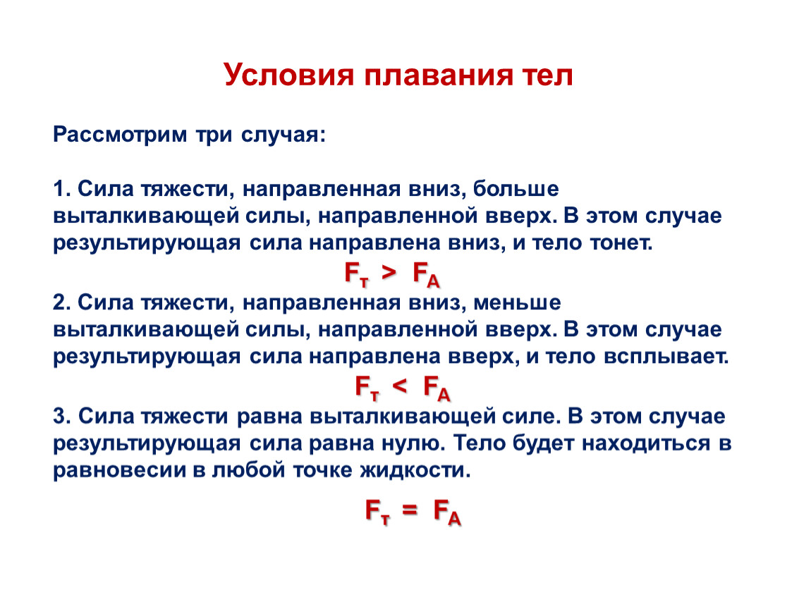 Рассматриваемого тела. Условия плавания тел. Условия плавания тел 7 класс. Плавание тел физика 7 класс. Сила направлена вниз.