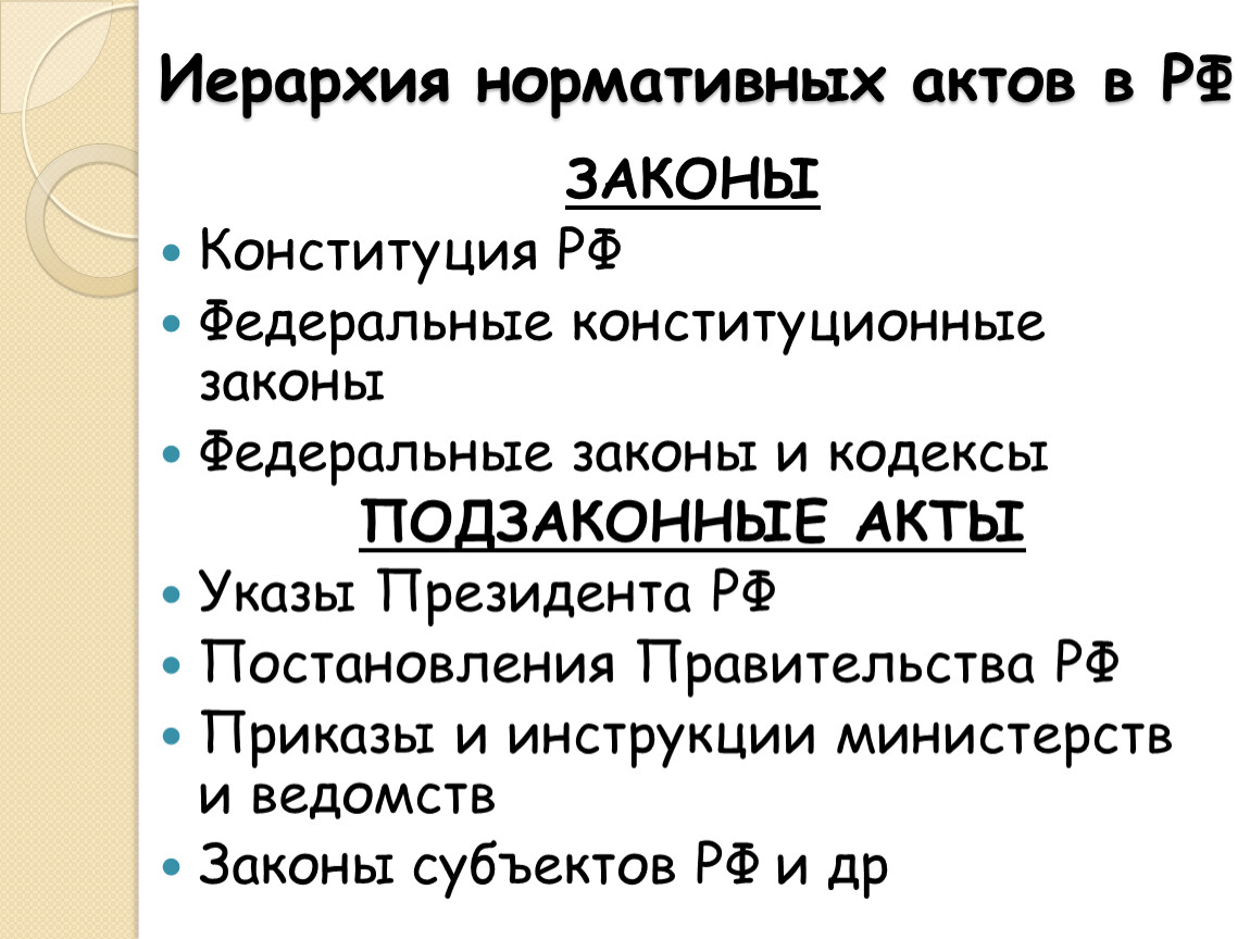 Иерархия нормативно правовых актов в рф схема