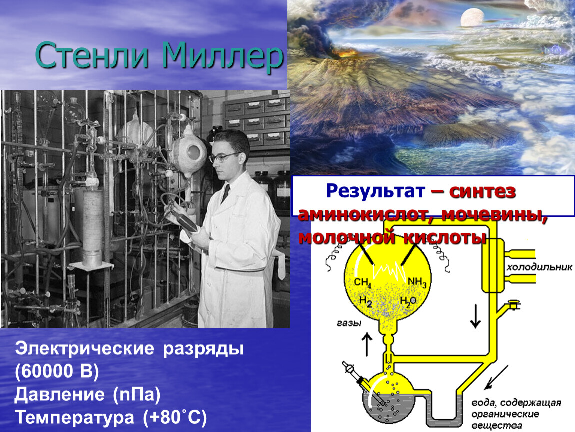 Результат синтеза. Стэнли Миллер гипотеза происхождения жизни. Гипотеза возникновения жизни на земле Стенли Миллер. Стенли Миллер его идеи возникновения жизни.