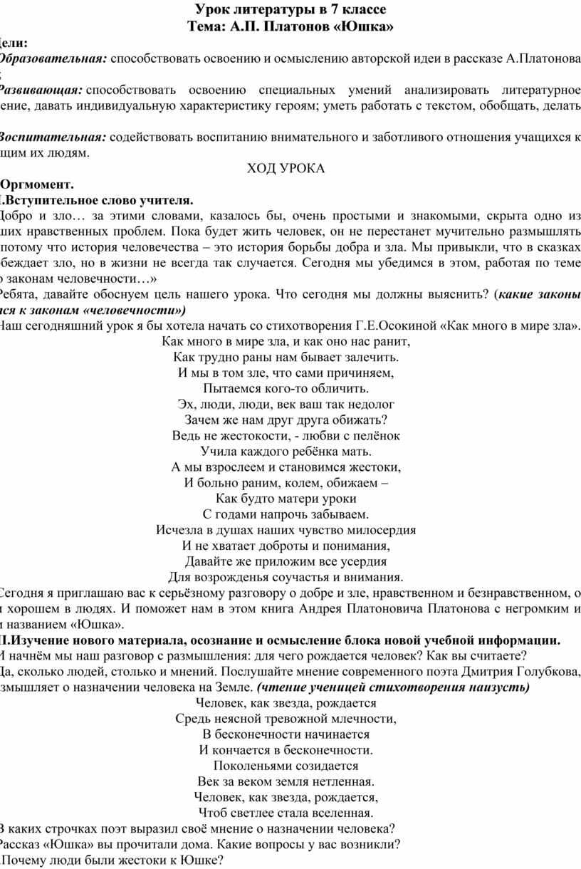 Урок литературы в 7 классе Тема:
