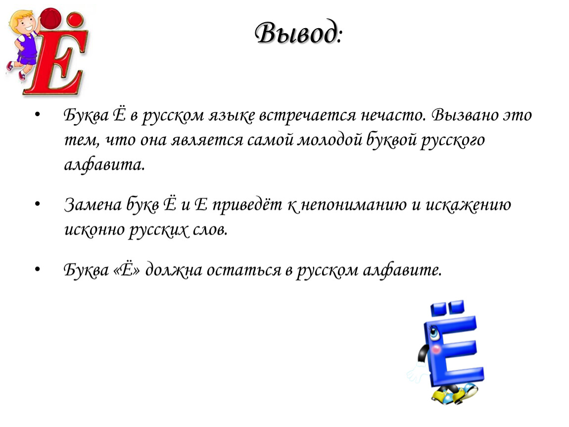 Вывести букву. Выводы про букву ё. Вывод про букву а. Заключение в проекте про буквы. Заключение проекта буква ё в русском языке.