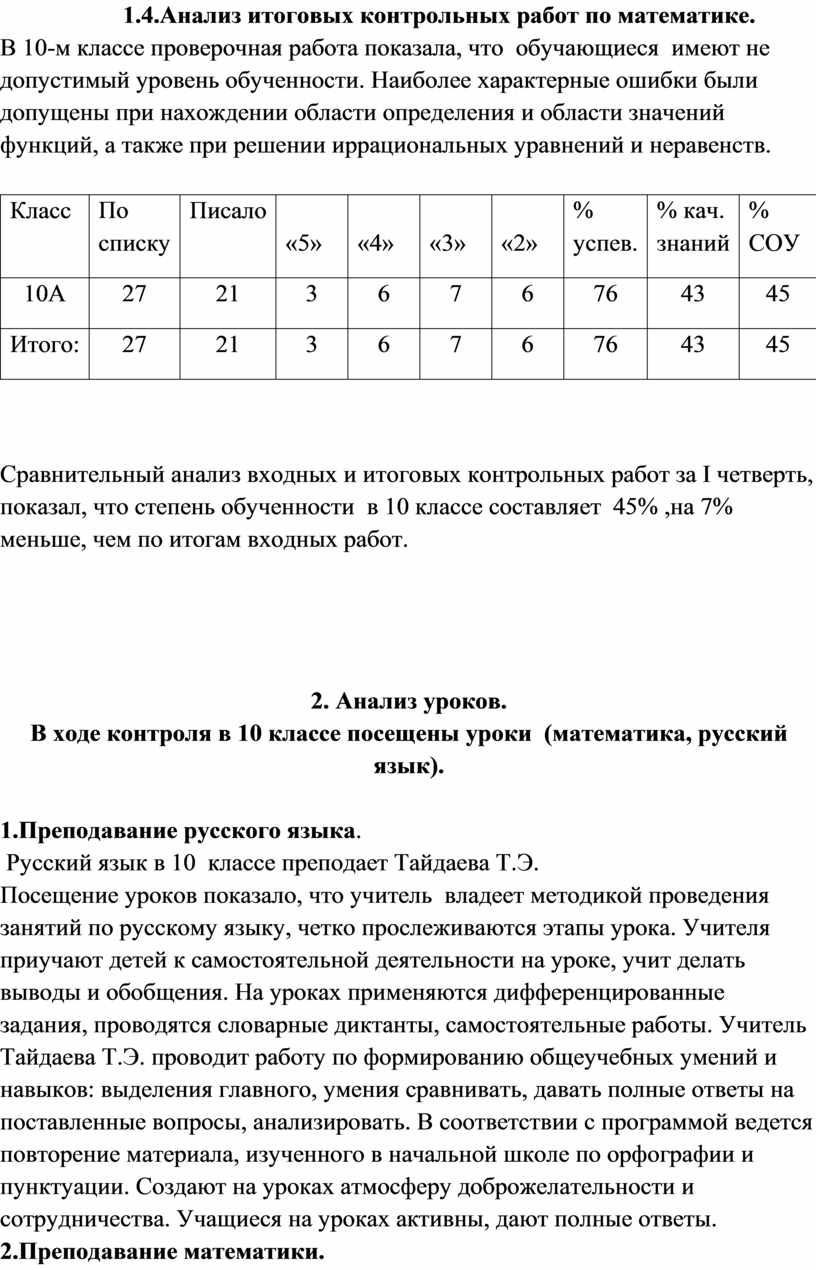 Анализ итоговых контрольных работ в начальной школе по фгос образец