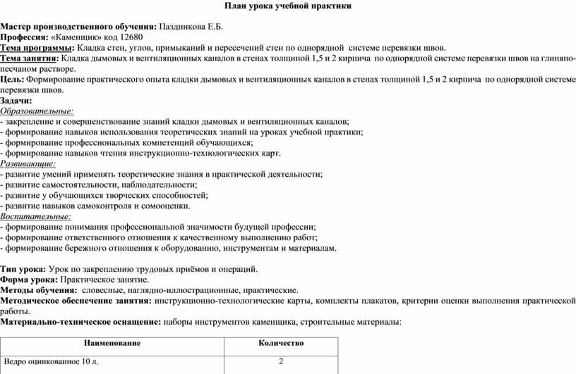 План конспект урока учебной практики