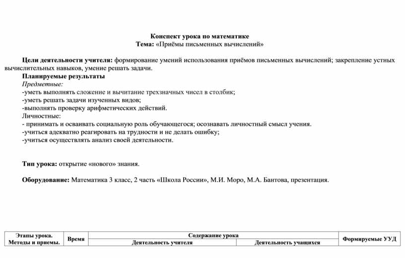 Конспект урока 3 класс математика письменное вычисление