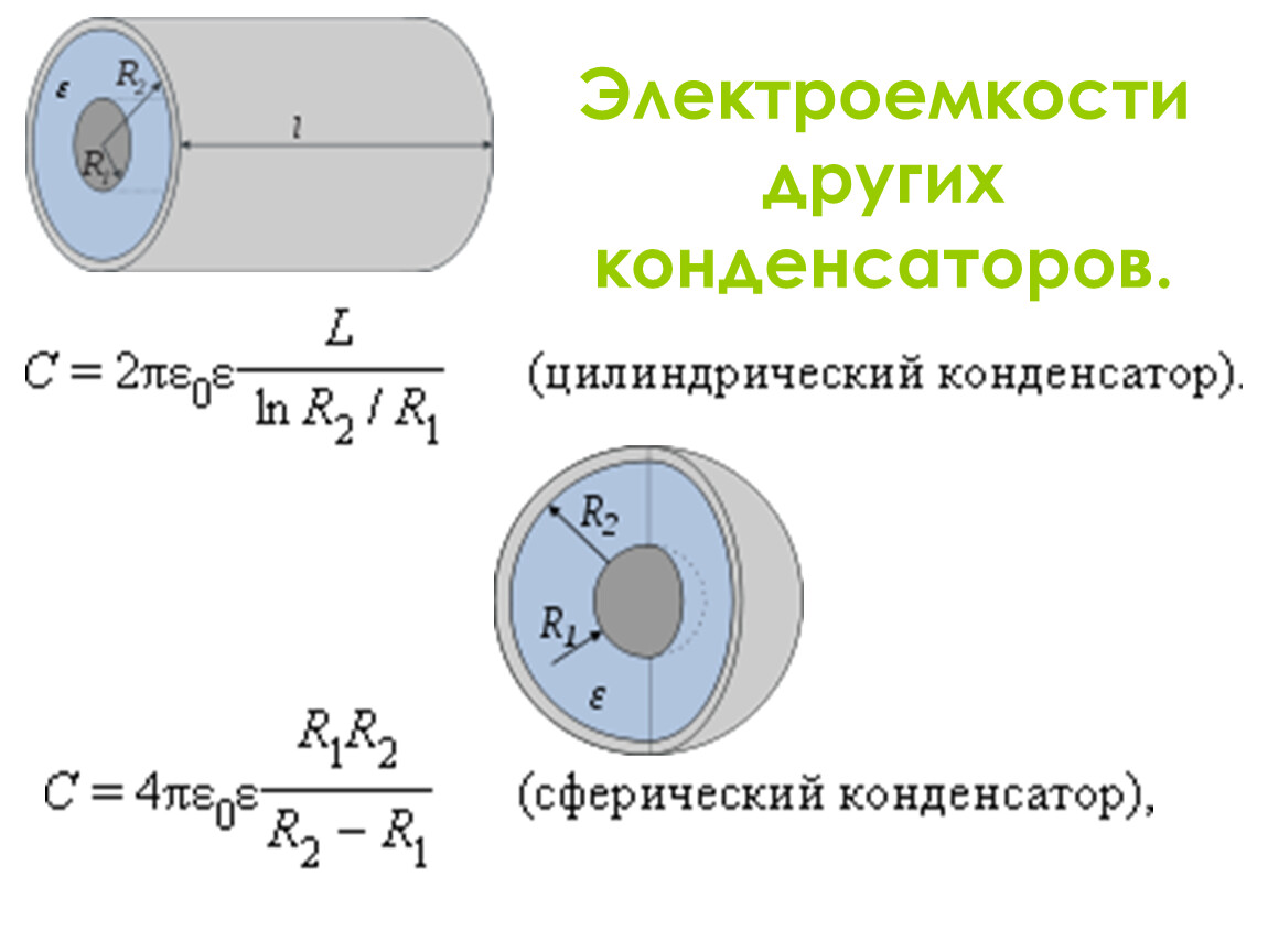 Электроемкость виды. Электроемкость конденсаторы физика 10 класс. Конденсатор формула емкости сферического конденсатора. Вычисление электроемкости сферического конденсатора. Электроемкость сферического конденсатора формула.