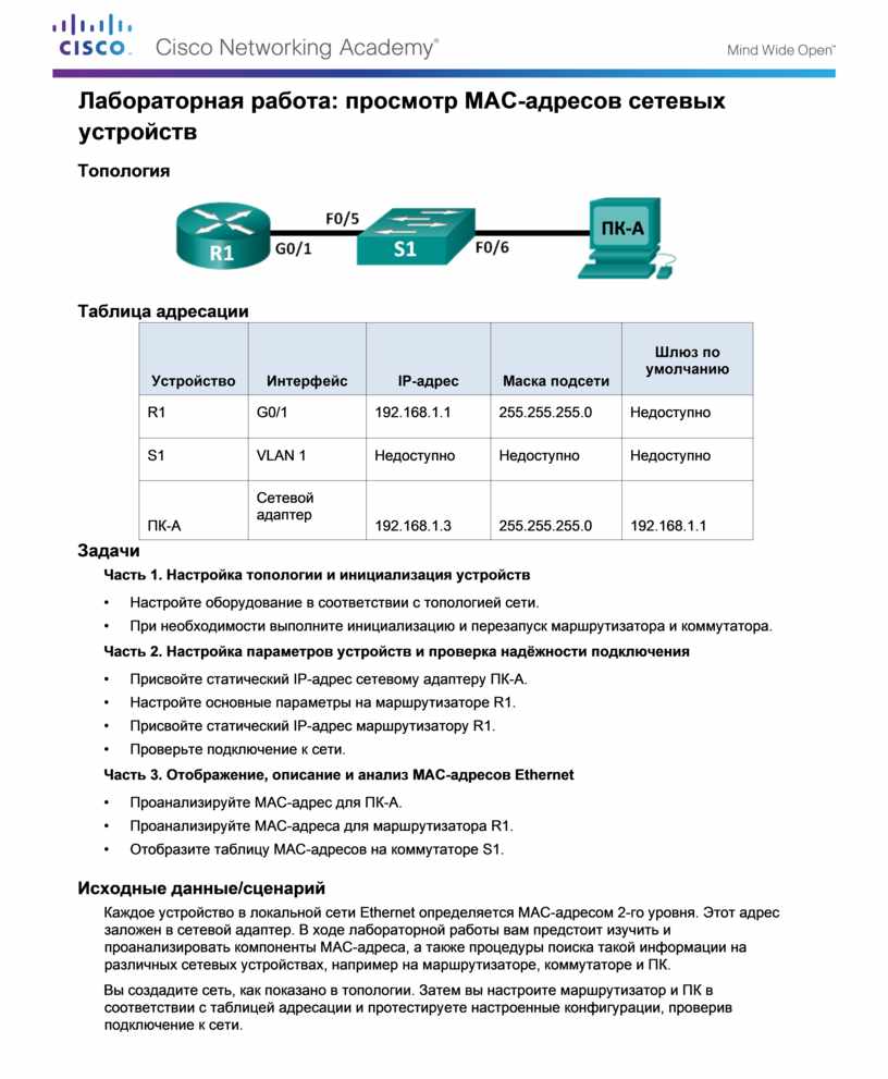 Лабораторная работа просмотр МАС-адресов сетевых устройств