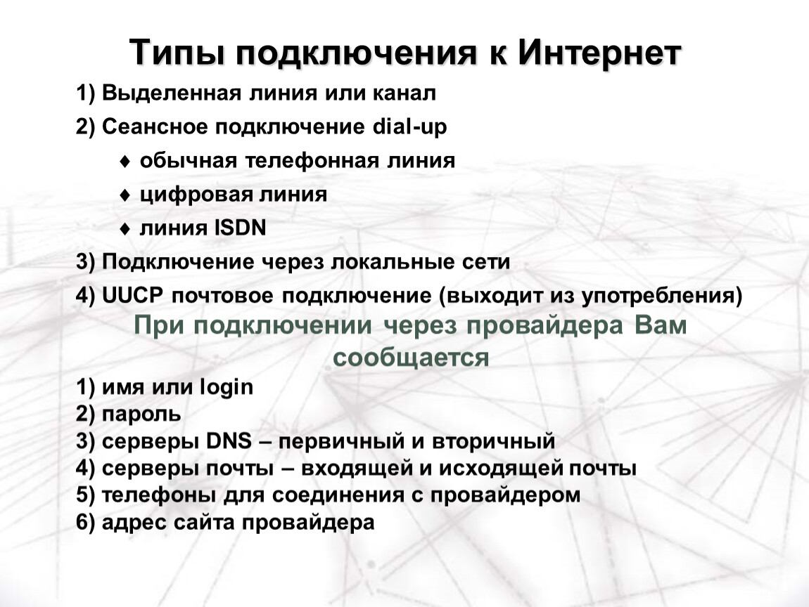 Выделенная линия. Типы интернет соединений. Типы подключения. Типы подключения к интернету. Типы интернета.