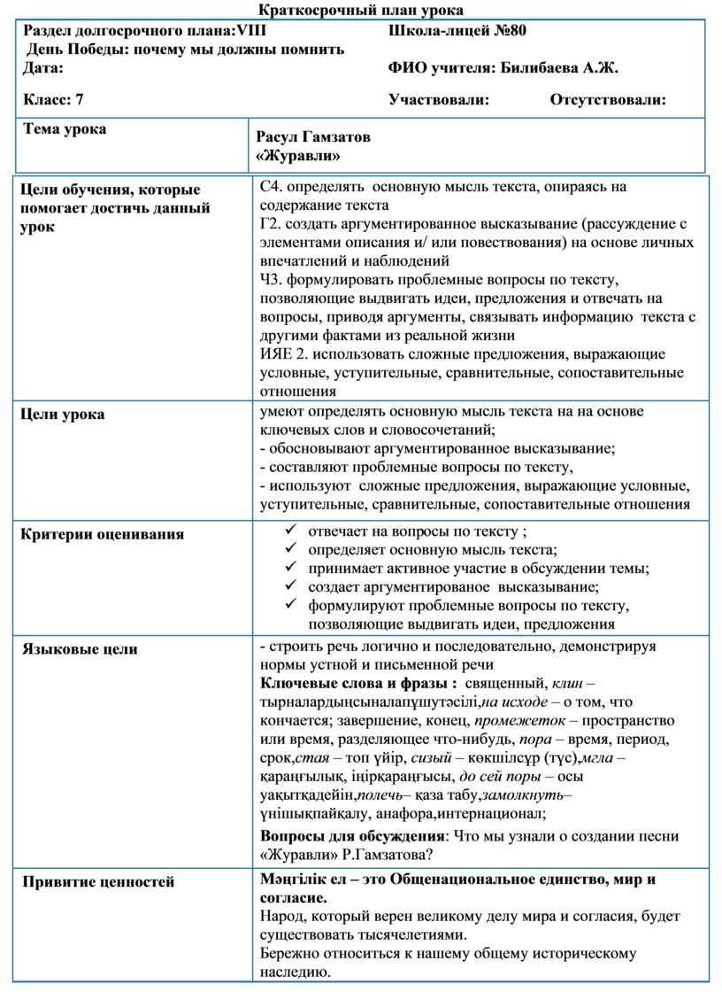 Структура краткосрочного плана урока