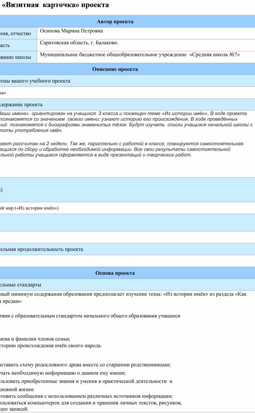 Карточка проекта образец