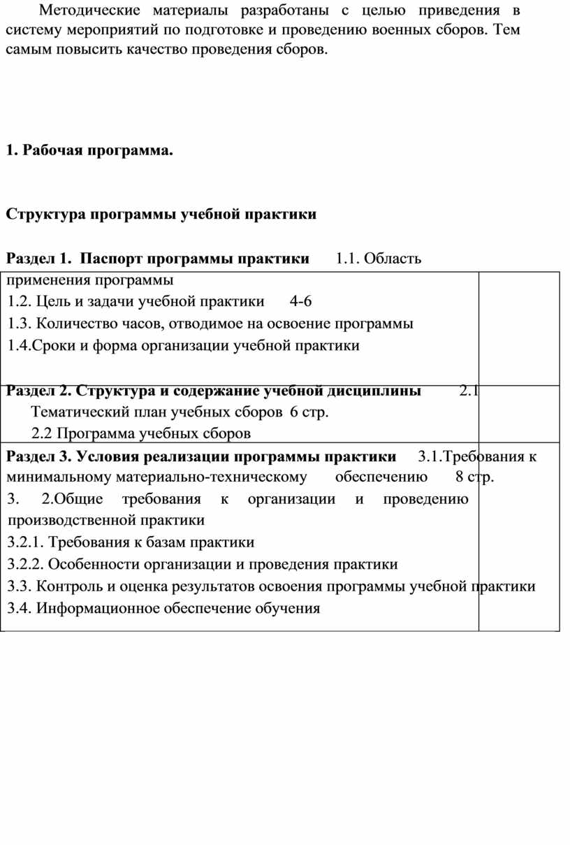 Методические материалы разработаны с целью приведения в систему мероприятий по подготовке и проведению военных сборов
