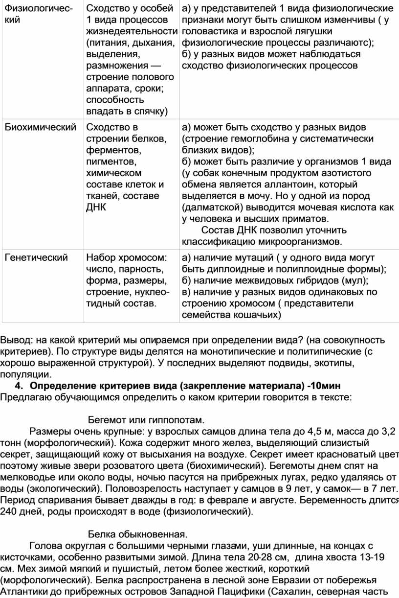 Физиологичес-кий Сходство у особей 1 вида процессов жизнедеятельности (питания, дыхания, выделения, размножения — строение полового аппарата, сроки; способность впадать в спячку) а) у представителей 1…
